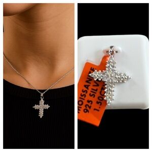 Moissanite Religious Cross Sterling Silver 1.5 CTW Necklace w/Chain